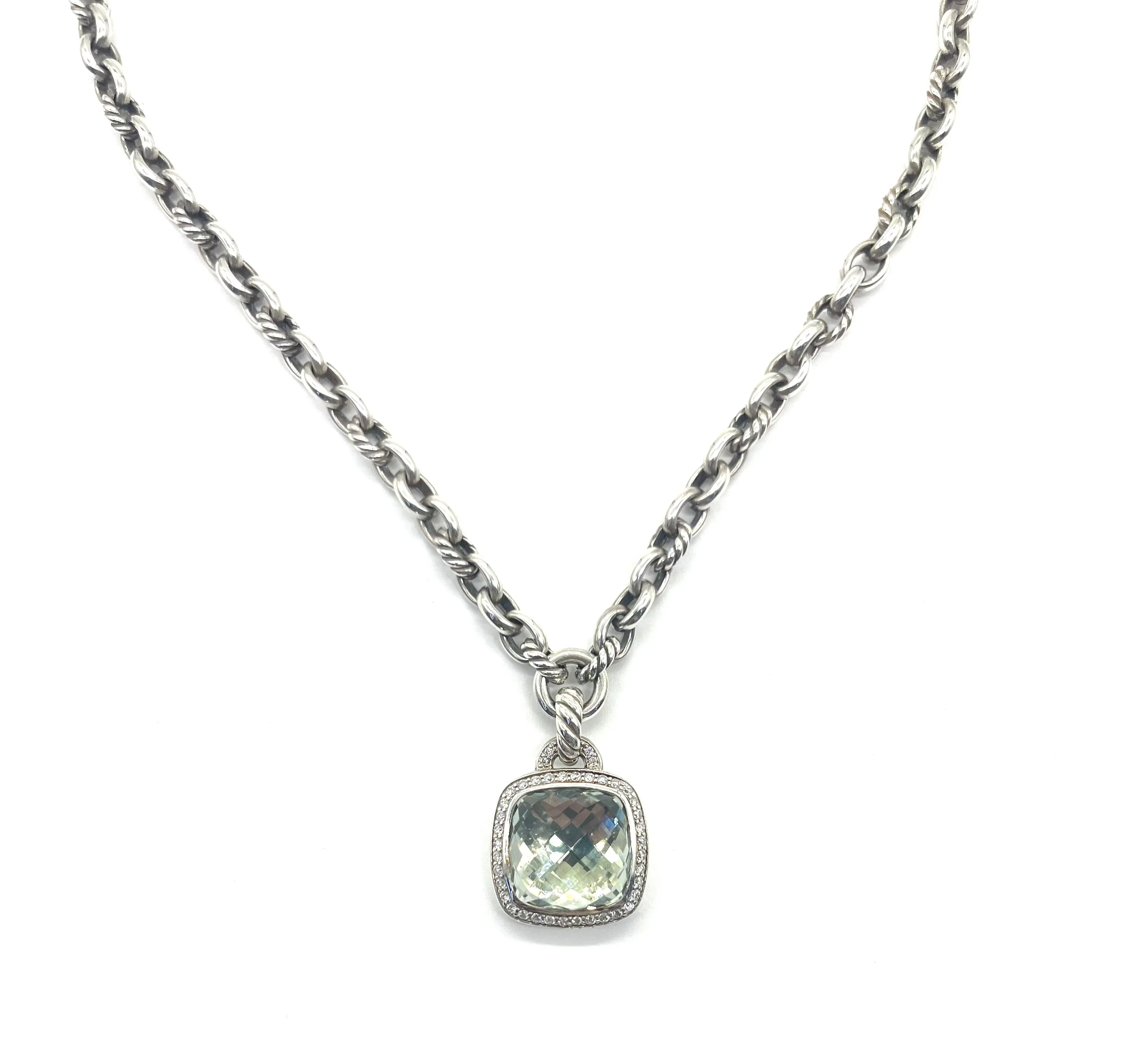 David Yurman Sterling Silver Green Topaz and Diamond Halo Necklace