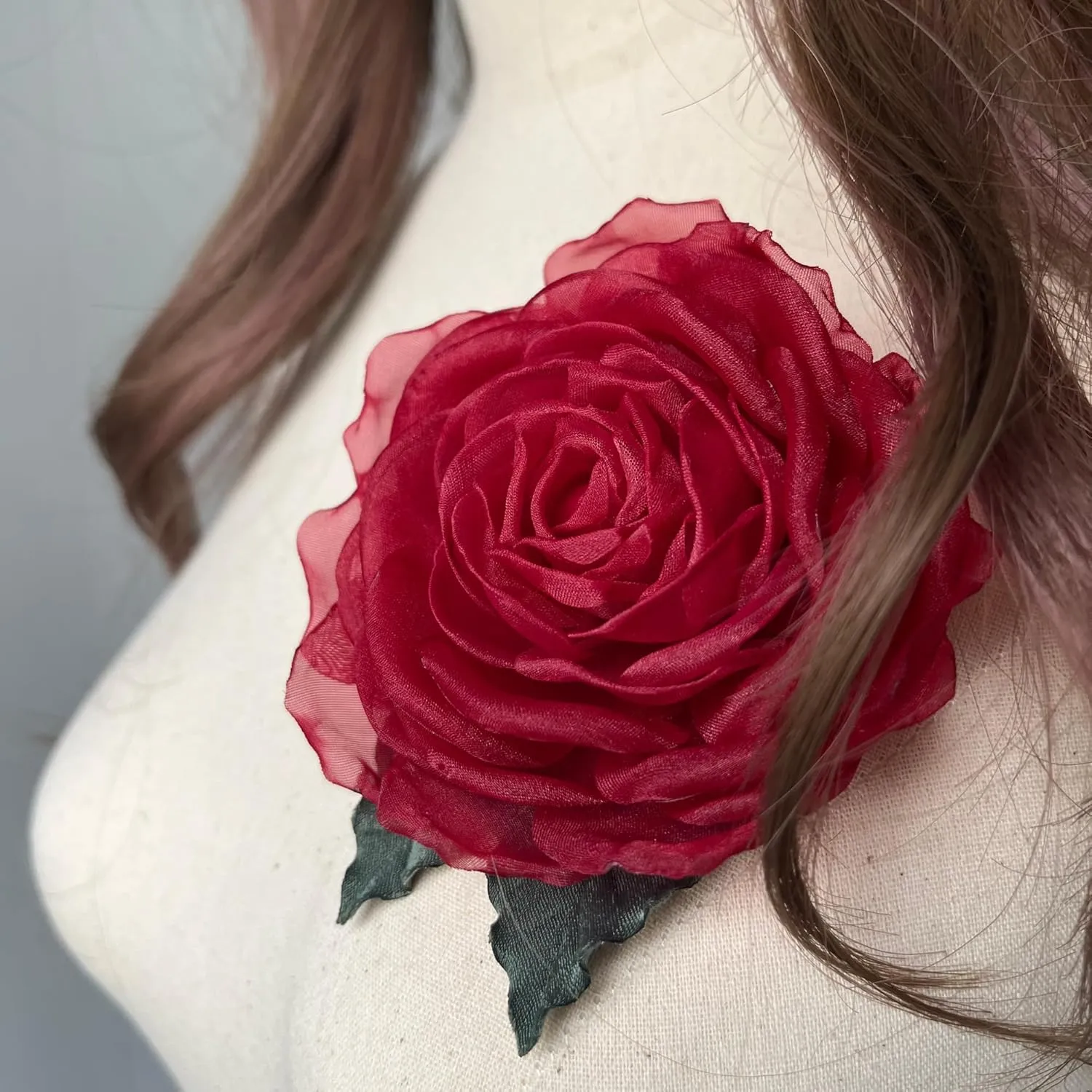 Deep red flower brooch, maroon-red silk rose pin 3,5’. Mother's day, Valentine's day gift, Organza flower hair clip. Rose corsage. Floral-detail brooch, silk anniversary rose (Deep Red)