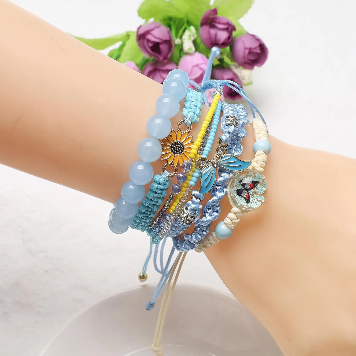 DS 6PCS String beads Charm Bracelets for Teen Girls Handmade Braided Rope Butterfly daisies Eternal flower Boho Surfer Bracelet for women Adjustable friendship Stretch birthday jewelry Gift Friends