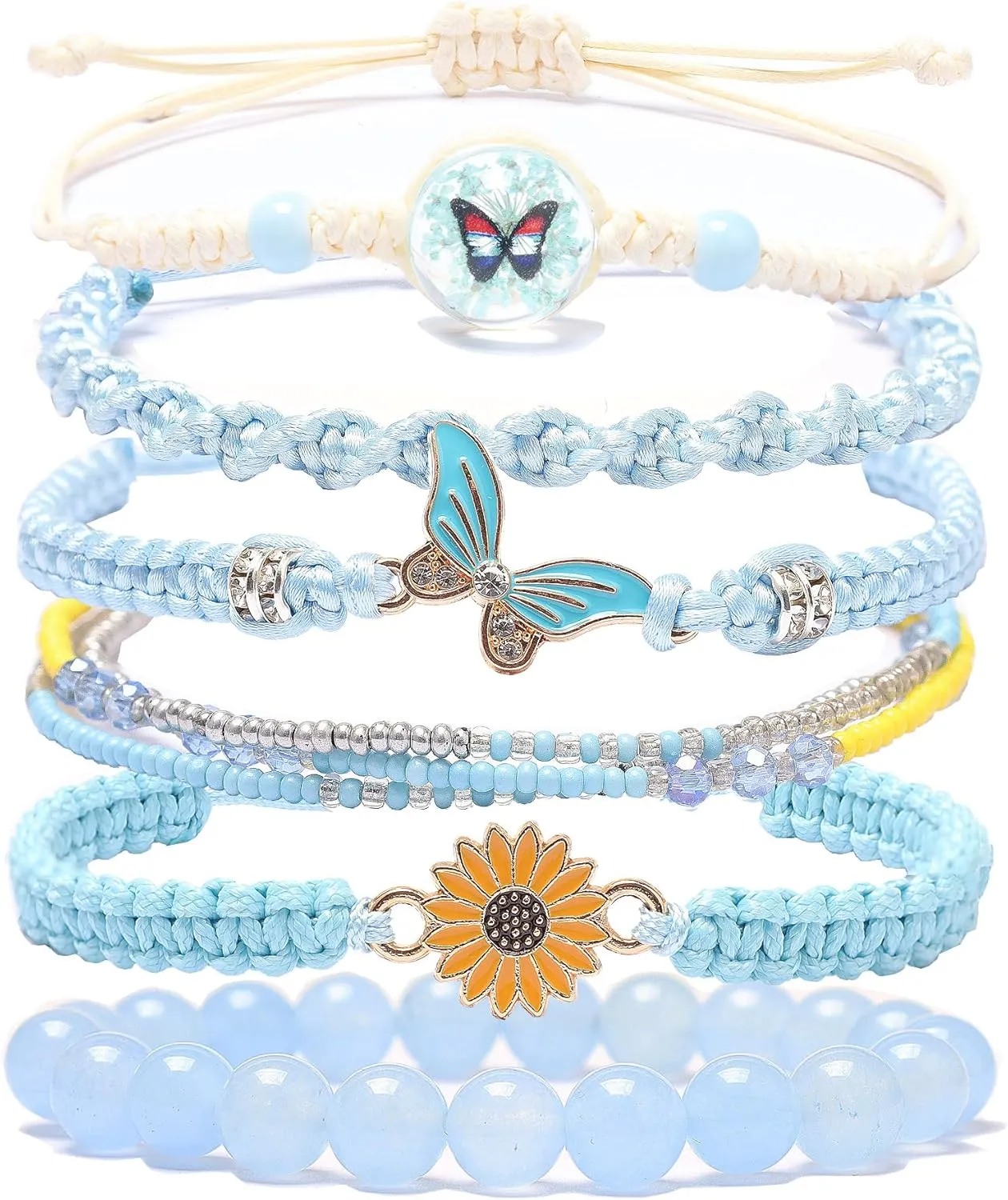 DS 6PCS String beads Charm Bracelets for Teen Girls Handmade Braided Rope Butterfly daisies Eternal flower Boho Surfer Bracelet for women Adjustable friendship Stretch birthday jewelry Gift Friends