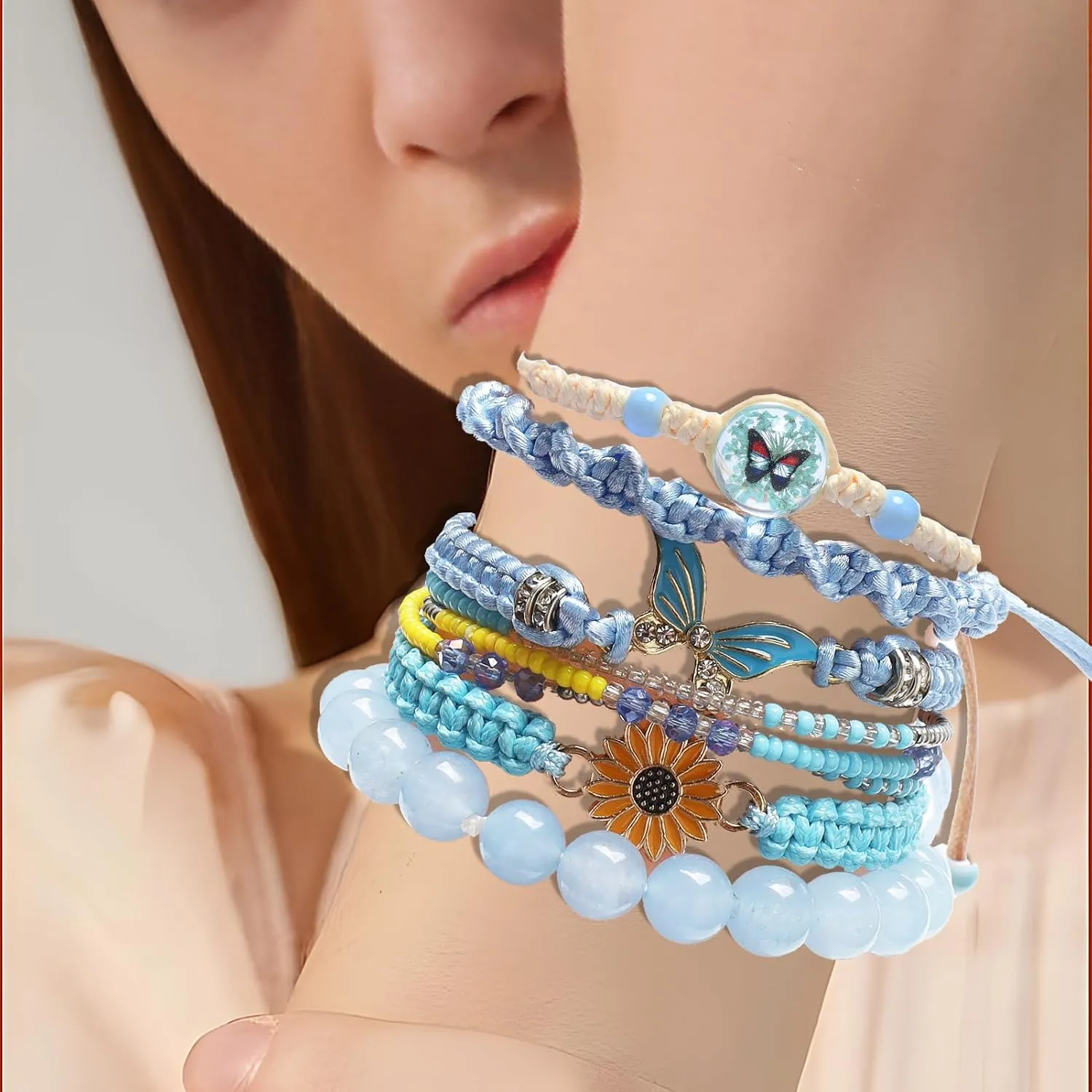 DS 6PCS String beads Charm Bracelets for Teen Girls Handmade Braided Rope Butterfly daisies Eternal flower Boho Surfer Bracelet for women Adjustable friendship Stretch birthday jewelry Gift Friends