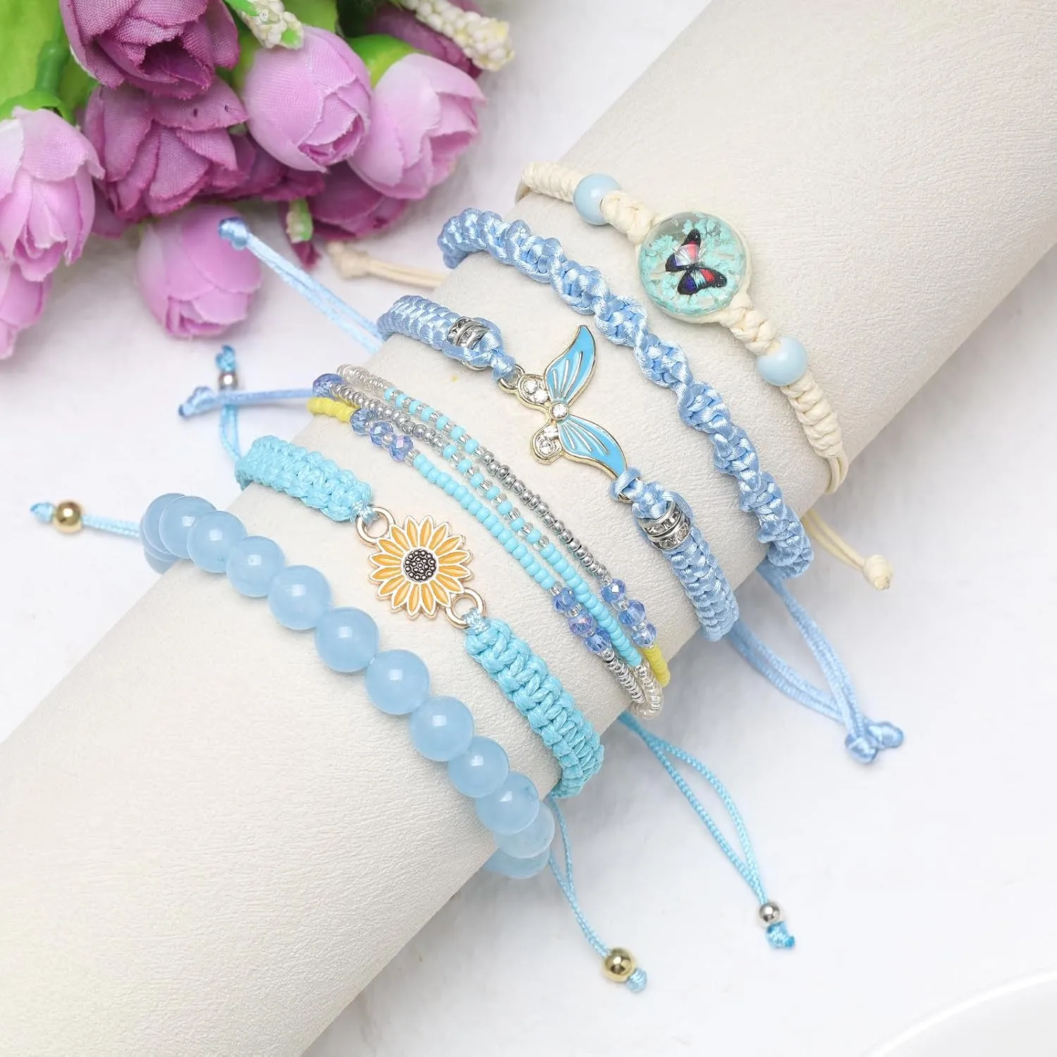 DS 6PCS String beads Charm Bracelets for Teen Girls Handmade Braided Rope Butterfly daisies Eternal flower Boho Surfer Bracelet for women Adjustable friendship Stretch birthday jewelry Gift Friends