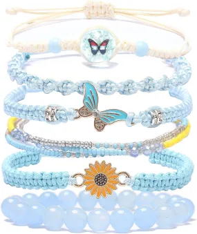 DS 6PCS String beads Charm Bracelets for Teen Girls Handmade Braided Rope Butterfly daisies Eternal flower Boho Surfer Bracelet for women Adjustable friendship Stretch birthday jewelry Gift Friends