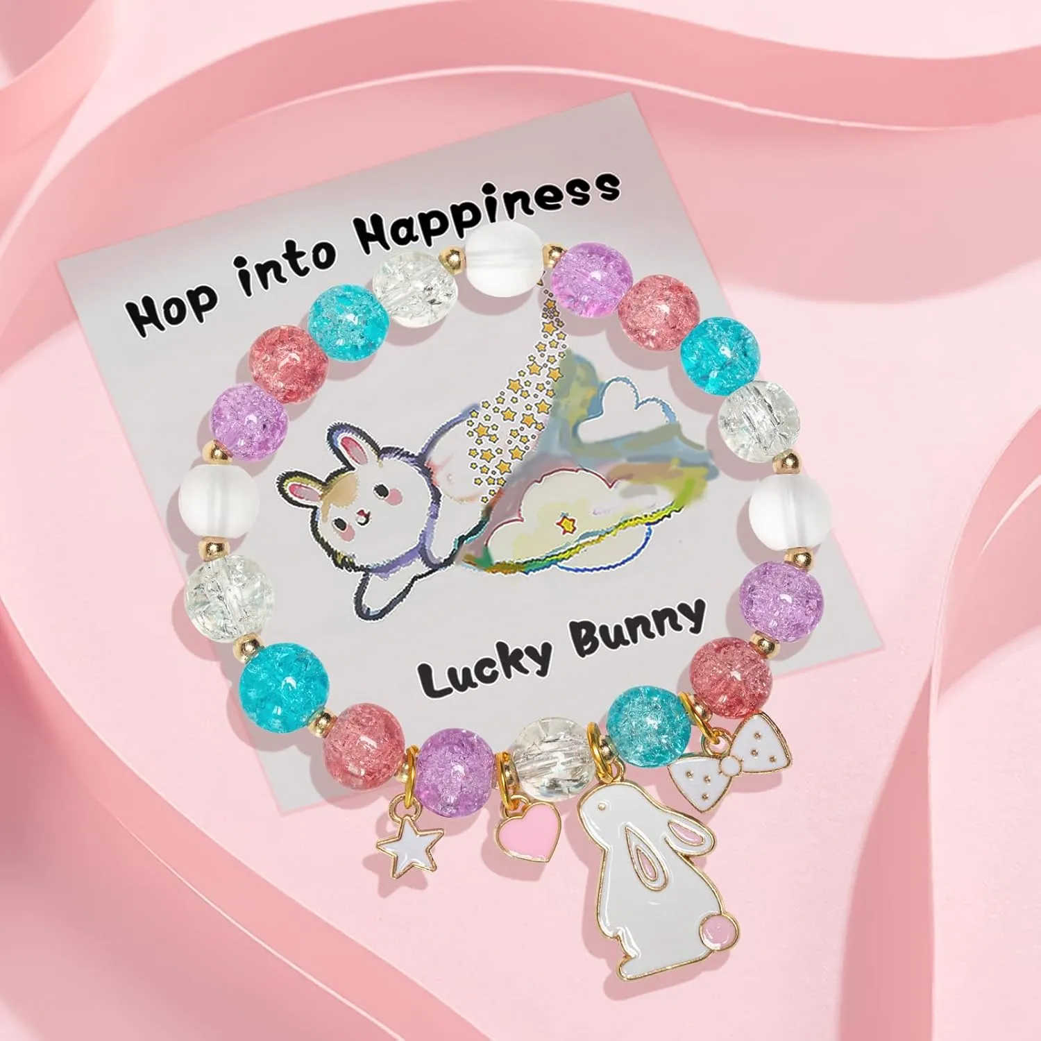 Easter Gifts for Women, Easter Colorful Bead Bracelets Basket Stuffers, Cute Bunny Pendant Bracelet Accessories Easter Egg Fillers