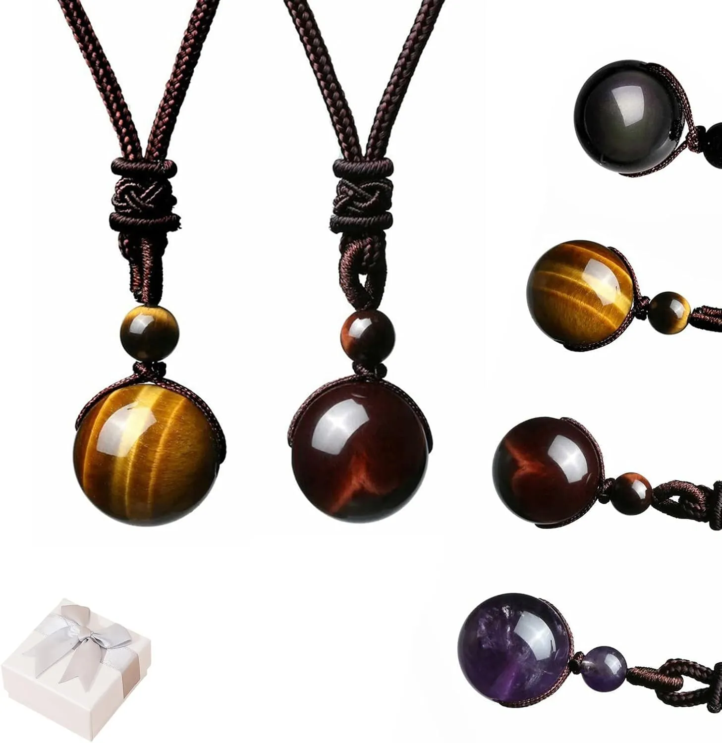 EVLRON Royale Tiger'Eyeronic Necklace, EVLRON Tiger'Eyeronic Necklace, Tiger Eyeronic Necklace, Tiger Eye Necklace,Black Obsidian Tiger Eyes Stone Necklaces with Adjustable Braided Rope Cords (2Pcs-A)