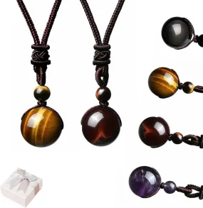 EVLRON Royale Tiger'Eyeronic Necklace, EVLRON Tiger'Eyeronic Necklace, Tiger Eyeronic Necklace, Tiger Eye Necklace,Black Obsidian Tiger Eyes Stone Necklaces with Adjustable Braided Rope Cords (2Pcs-A)