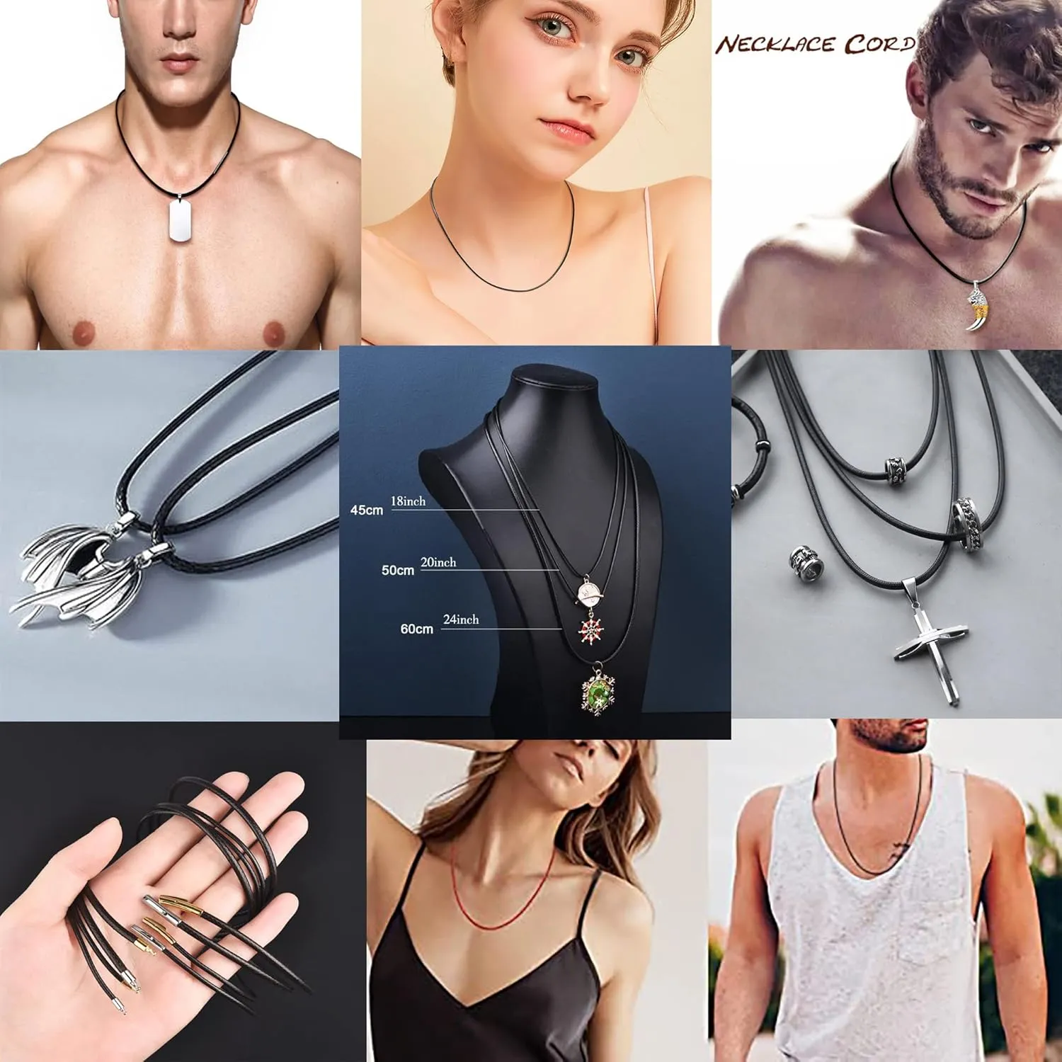 Findout 2mm Black Waterproof Braided Leather Wax Rope Chain Necklace With Black Hypoallergenic Stainless Steel Bayonet Clasp Rope Chain Necklace for Women and Men 14-36 Inch