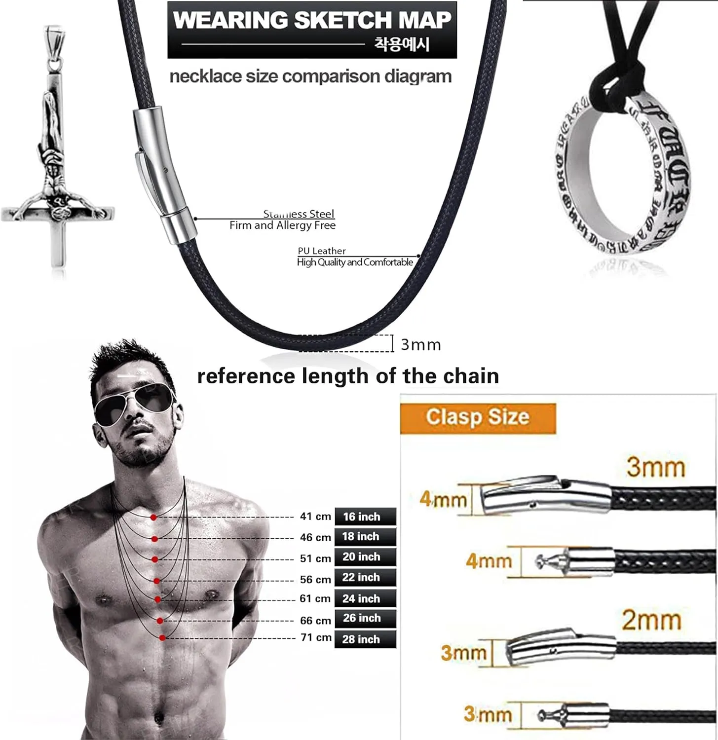 Findout 2mm Black Waterproof Braided Leather Wax Rope Chain Necklace With Black Hypoallergenic Stainless Steel Bayonet Clasp Rope Chain Necklace for Women and Men 14-36 Inch