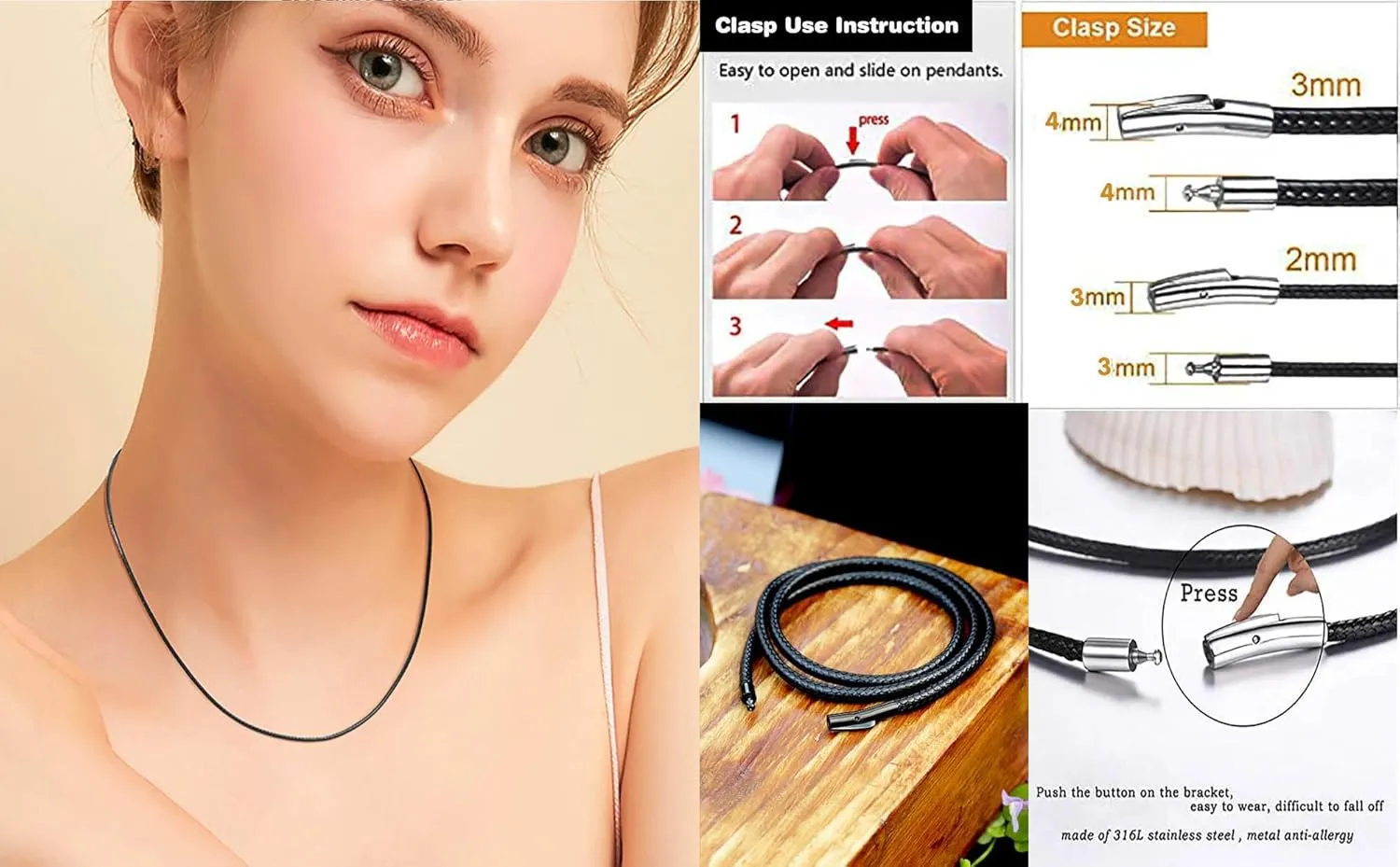 Findout 2mm Black Waterproof Braided Leather Wax Rope Chain Necklace With Black Hypoallergenic Stainless Steel Bayonet Clasp Rope Chain Necklace for Women and Men 14-36 Inch