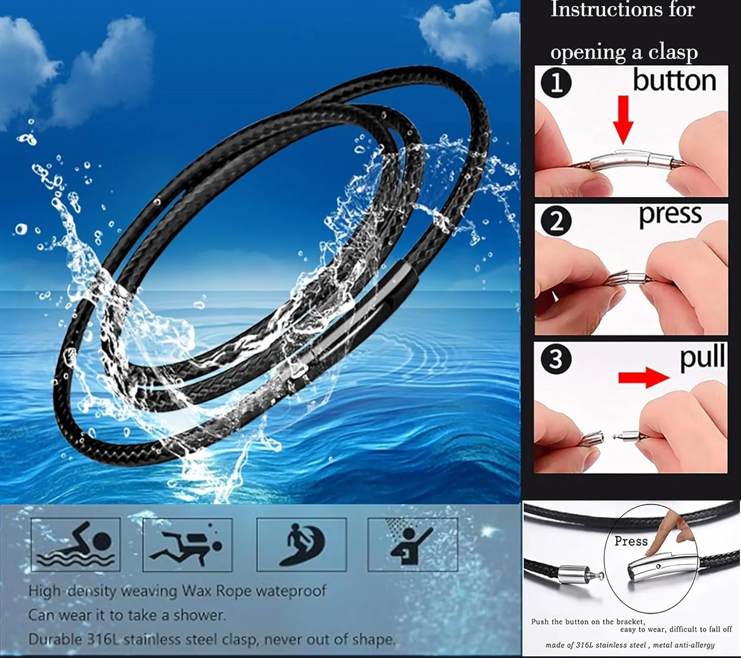 Findout 2mm Black Waterproof Braided Leather Wax Rope Chain Necklace With Black Hypoallergenic Stainless Steel Bayonet Clasp Rope Chain Necklace for Women and Men 14-36 Inch