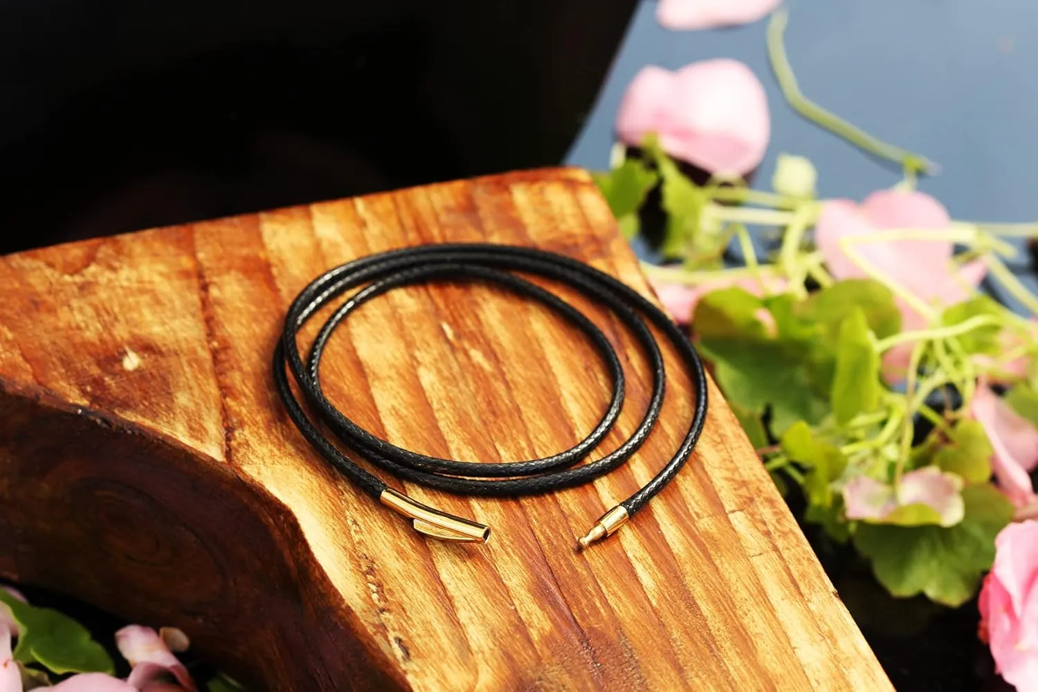 Findout 2mm Black Waterproof Braided Leather Wax Rope Chain Necklace With Gold Hypoallergenic Stainless Steel Bayonet Clasp Rope Chain Necklace for Women and Men 14-36 Inch