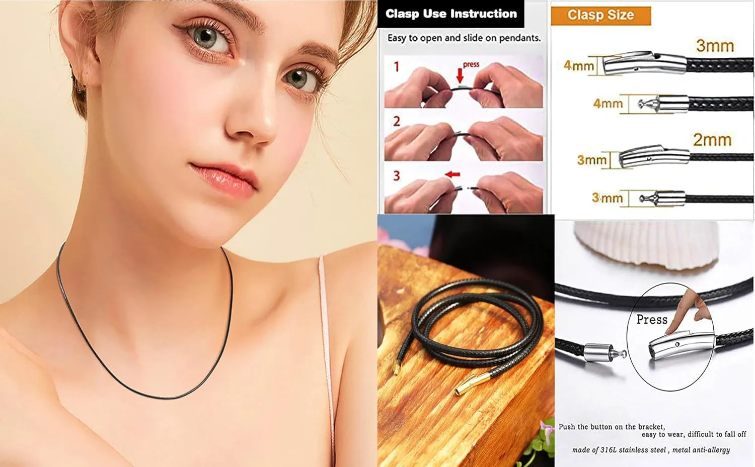 Findout 2mm Black Waterproof Braided Leather Wax Rope Chain Necklace With Gold Hypoallergenic Stainless Steel Bayonet Clasp Rope Chain Necklace for Women and Men 14-36 Inch