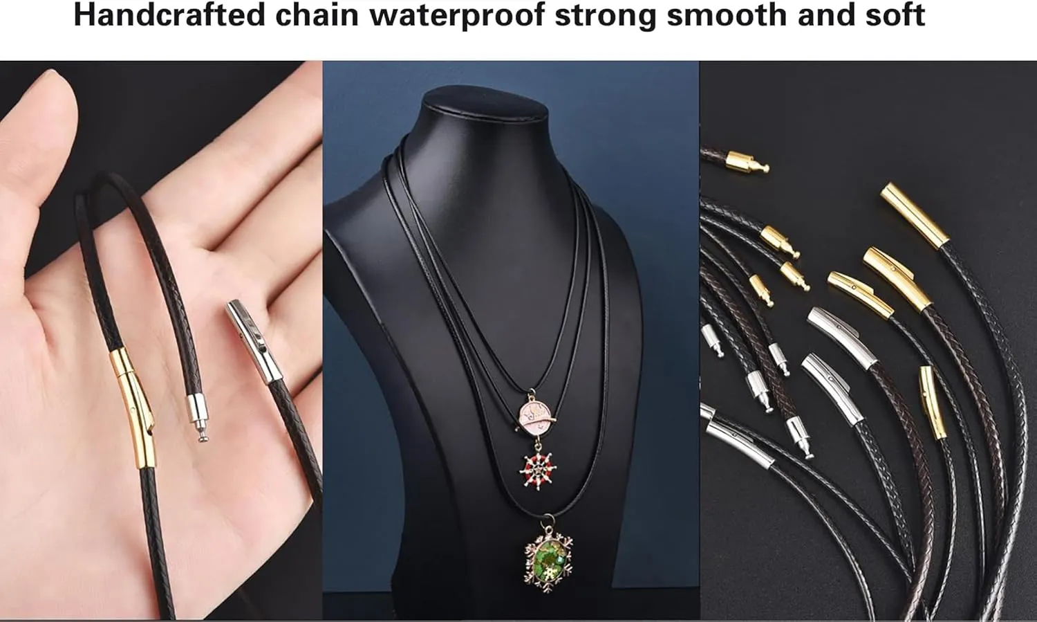 Findout 2mm Black Waterproof Braided Leather Wax Rope Chain Necklace With Stainless Steel Bayonet Clasp Leather Chain Necklace for Women and Men 14-36 Inch
