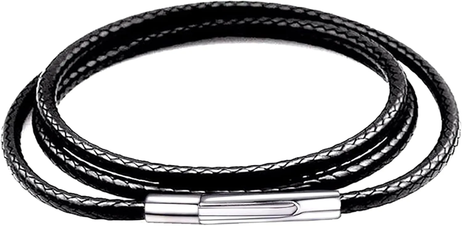 Findout 2mm Black Waterproof Braided Leather Wax Rope Chain Necklace With Stainless Steel Bayonet Clasp Leather Chain Necklace for Women and Men 14-36 Inch