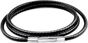 Findout 2mm Black Waterproof Braided Leather Wax Rope Chain Necklace With Stainless Steel Bayonet Clasp Leather Chain Necklace for Women and Men 14-36 Inch