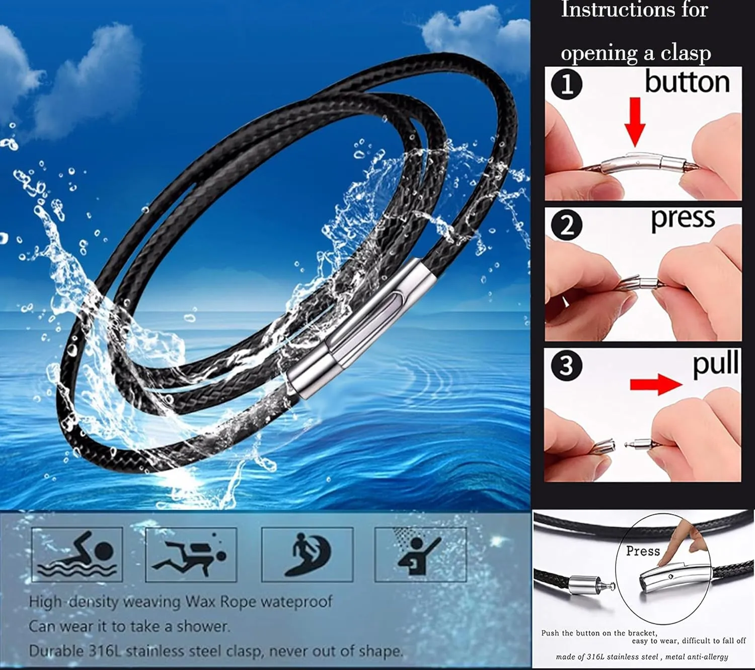 Findout 2mm Black Waterproof Braided Leather Wax Rope Chain Necklace With Stainless Steel Bayonet Clasp Leather Chain Necklace for Women and Men 14-36 Inch