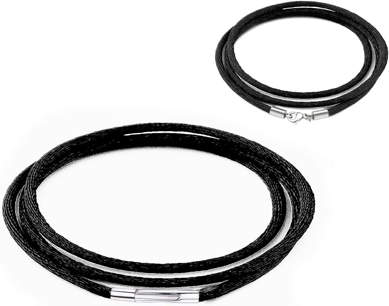Findout Handmade 2mm Black Silk Cord Chain Necklace with Stainless Steel Bayonet Clasp - Unisex Soft and Smooth Silk Chain for Women Men -14-36 Inch