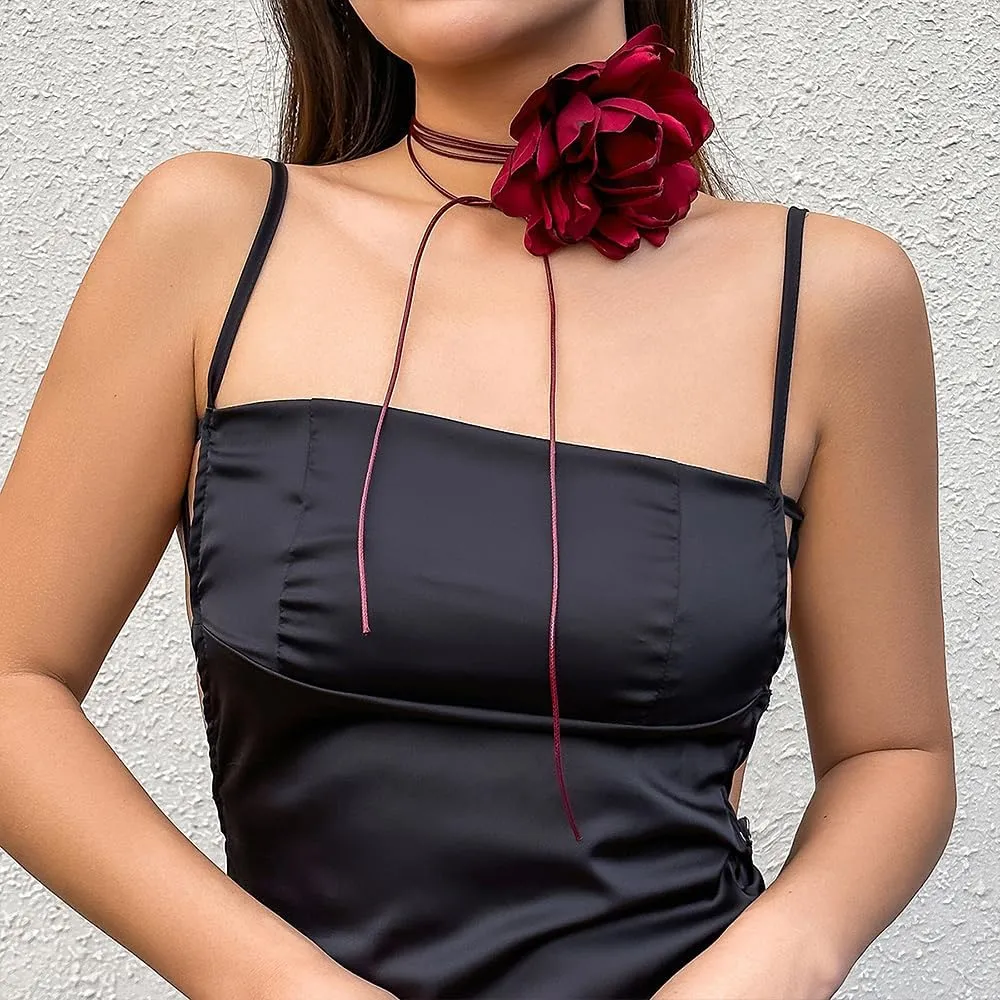 GIGB PBDK Exaggerated Flower Rose Choker,Layering Adjustable Floral Long Wax Rope Collar Necklace,Aesthetic Accessories Jewelry Gift for Women