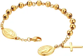Gold Cross Rosary Beads Bracelet, Stainless Steel Jesus Christ Crucifix Cross Wristband for Women Men Mothers Day Christmas Wedding