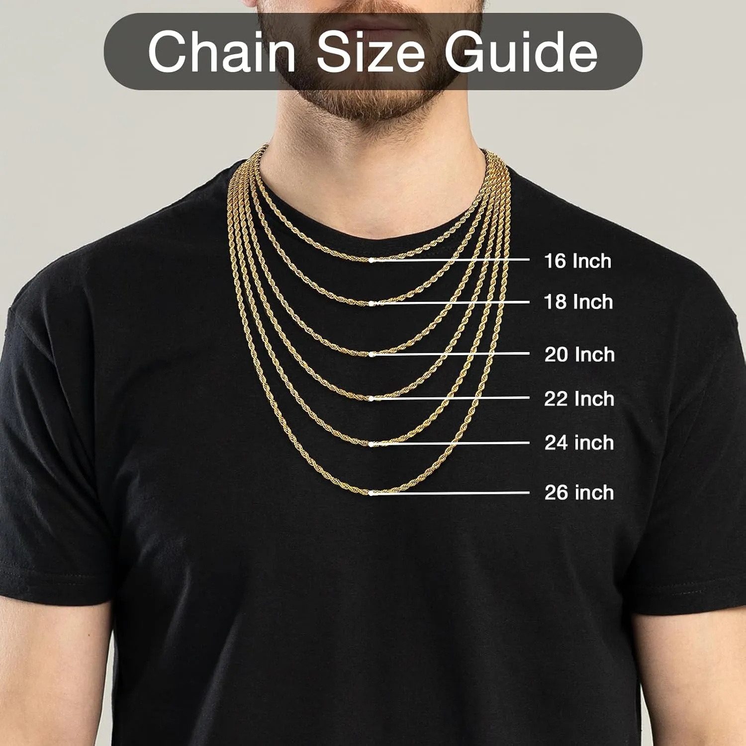 Italian 14k Gold Plated Rope Chain for Men, 3mm/4mm Stainless Steel Necklace for Men, Sturdy & Non Tarnish Rope Chain Necklaces, Mens Jewelry Gift 16 18 20 22 24 26 Inch