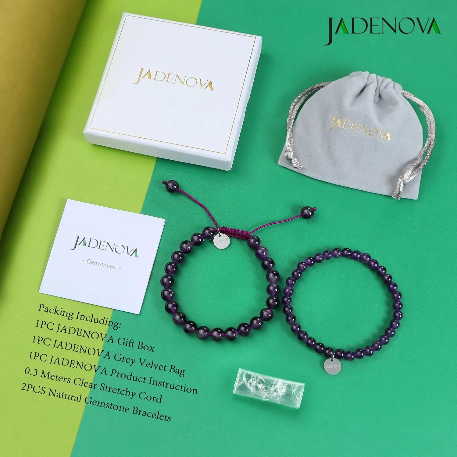 JADENOVA Natural Bead Bracelet Semi Precious Gemstone Beaded Bracelet for Women Healing Crystal Stone Stretch Bracelet Men Couple Bracelets (2pcs,6-8mm/8-10mm)