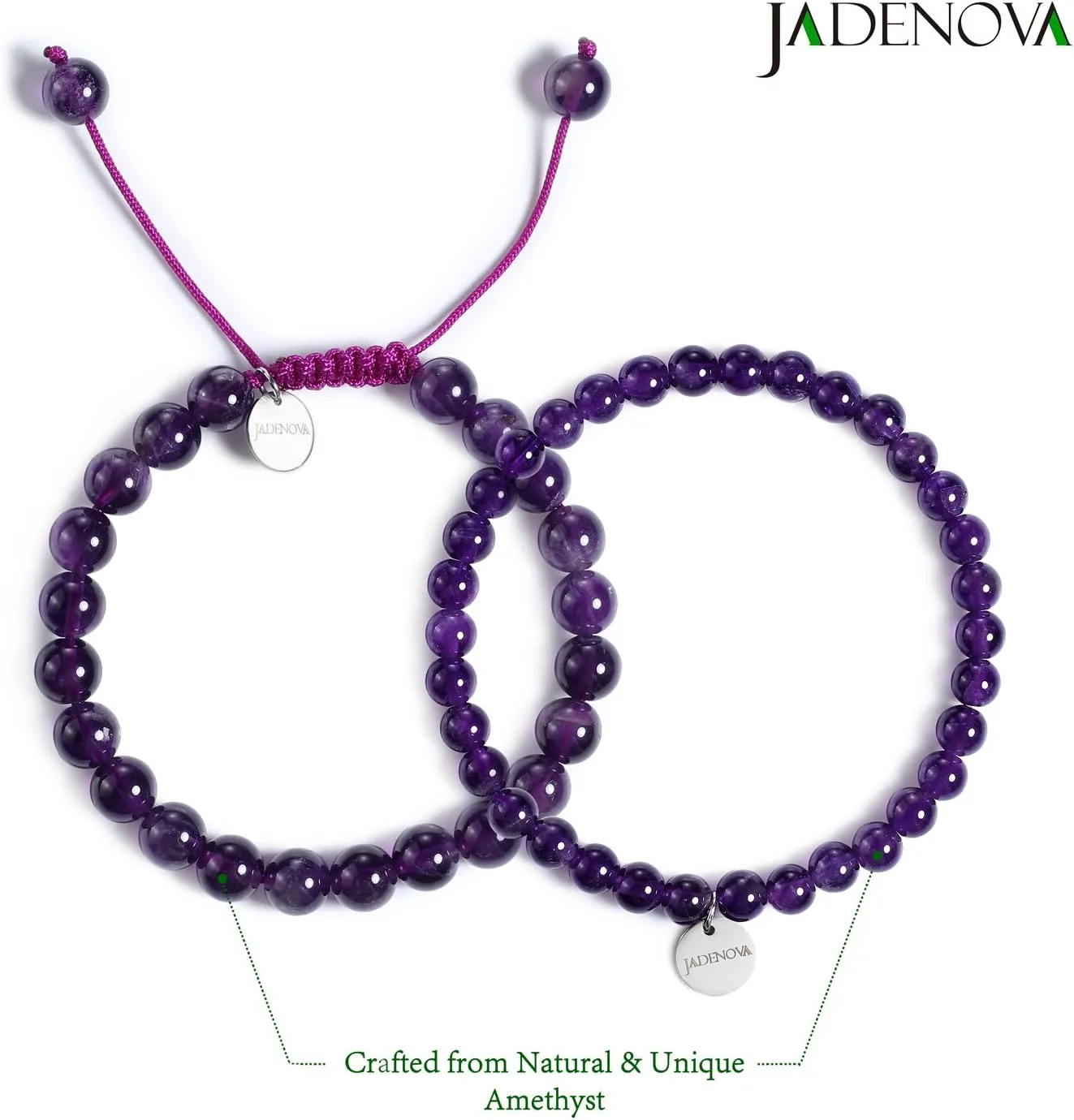 JADENOVA Natural Bead Bracelet Semi Precious Gemstone Beaded Bracelet for Women Healing Crystal Stone Stretch Bracelet Men Couple Bracelets (2pcs,6-8mm/8-10mm)