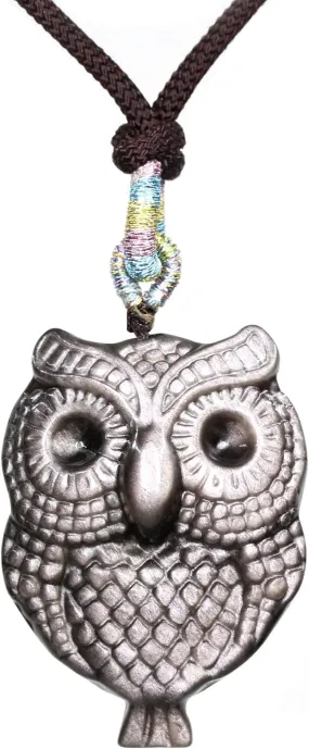 Keleny Natural AA Grade Obsidian Gemstones Hand Carved Owl Bead Pendant Brown Rope Necklace 22 Inch