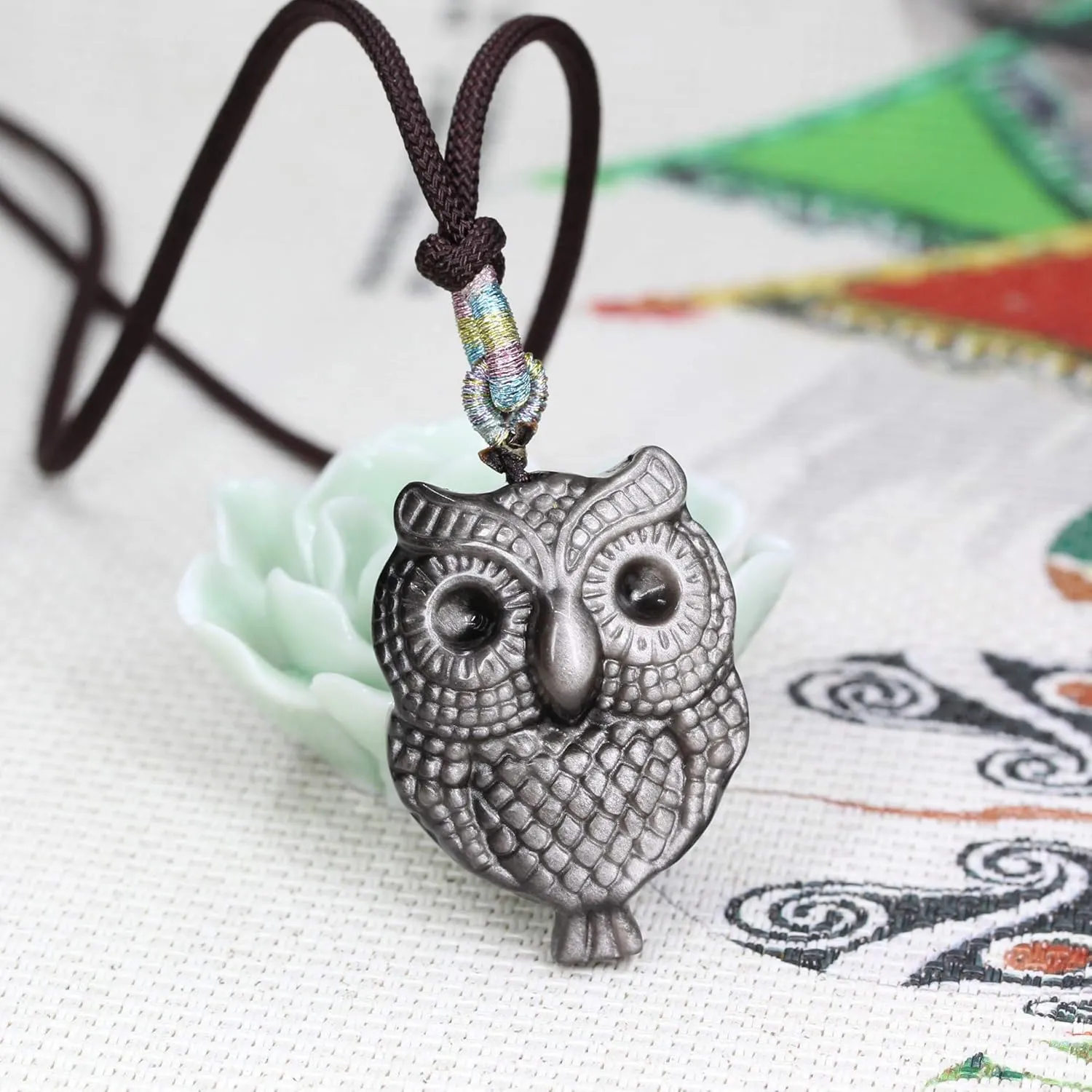 Keleny Natural AA Grade Obsidian Gemstones Hand Carved Owl Bead Pendant Brown Rope Necklace 22 Inch