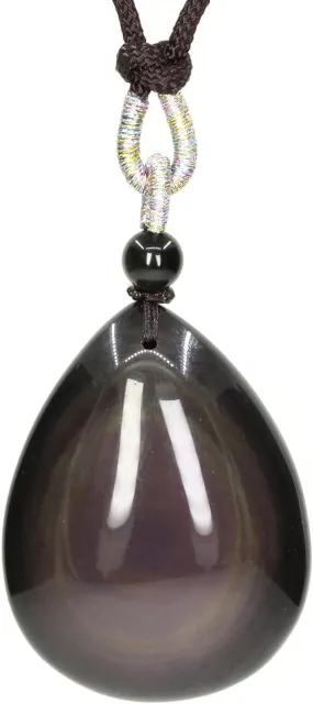 Keleny Natural AA Grade Rainbow Obsidian Charm Pear Shape Pendant Adjustable Braided Rope Necklace 22 Inch