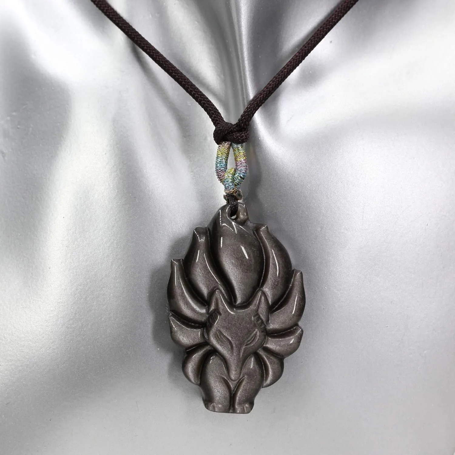 Keleny Natural Black Obsidian Charm Nine Tailed Fox Shape Carved Pendant Adjustable Braided Rope Necklace 22 Inch