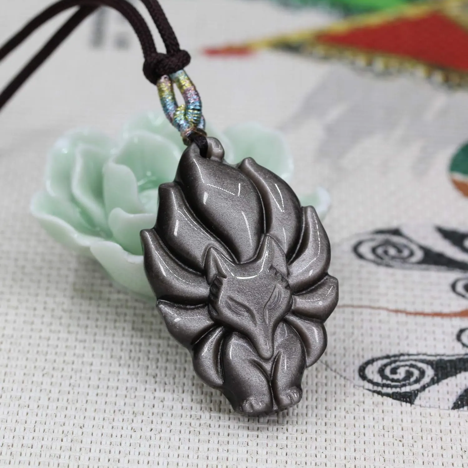 Keleny Natural Black Obsidian Charm Nine Tailed Fox Shape Carved Pendant Adjustable Braided Rope Necklace 22 Inch
