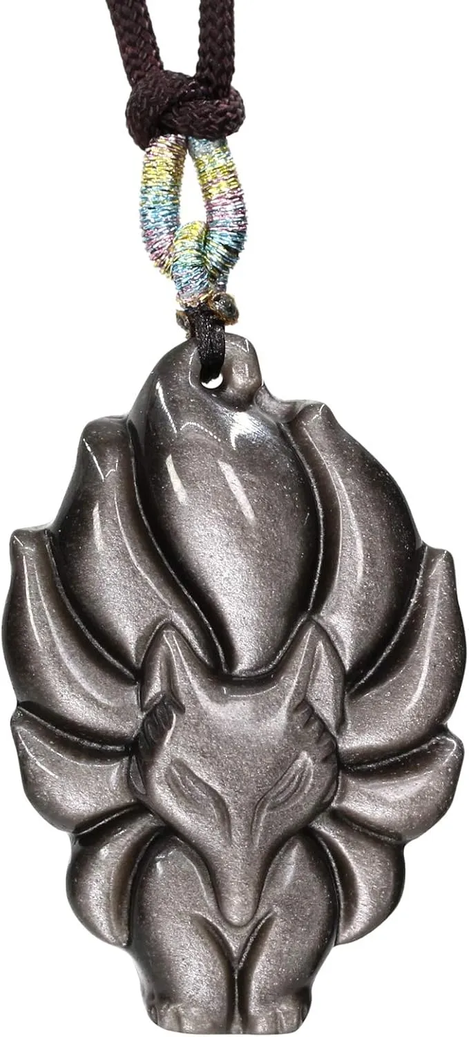 Keleny Natural Black Obsidian Charm Nine Tailed Fox Shape Carved Pendant Adjustable Braided Rope Necklace 22 Inch