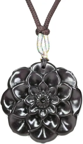 Keleny Natural Obsidian Gemstones Hand Carved Lotus Flowers Bead Pendant Brown Rope Necklace 22 Inch