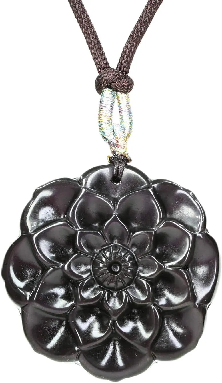 Keleny Natural Obsidian Gemstones Hand Carved Lotus Flowers Bead Pendant Brown Rope Necklace 22 Inch