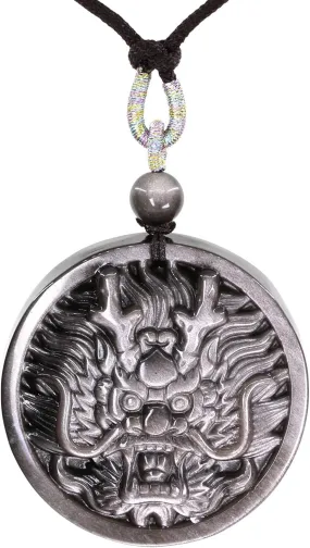 Keleny Natural Silvery Obsidian Dragon Head Pattern Carved Charm Pendant Adjustable Braided Rope Necklace 22 Inch