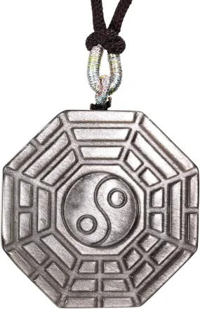 Keleny Natural Silvery Obsidian Hand Carved Tai Chi Bagua Zhen Pattern Chinese Style Round Pendant Adjustable Braided Rope Necklace 20 Inch