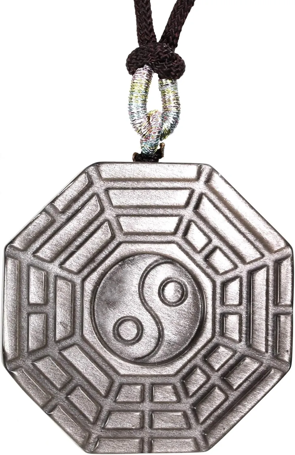 Keleny Natural Silvery Obsidian Hand Carved Tai Chi Bagua Zhen Pattern Chinese Style Round Pendant Adjustable Braided Rope Necklace 20 Inch