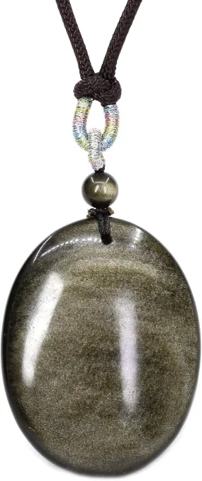 Keleny Semi Precious Stone 40mm Natural Obsidian Oval Shape Pendant Adjustable Braided Rope Necklace 20 Inch