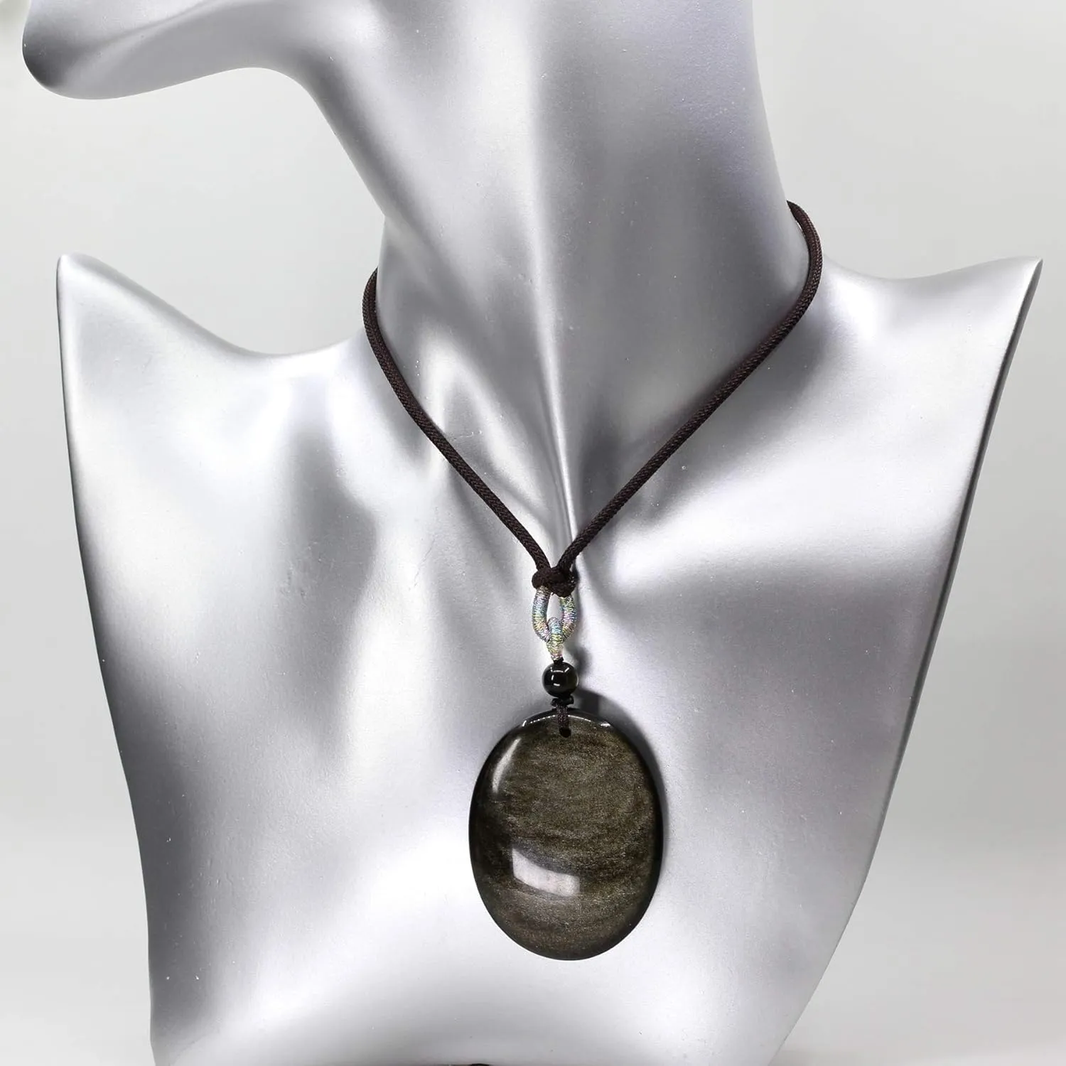 Keleny Semi Precious Stone 40mm Natural Obsidian Oval Shape Pendant Adjustable Braided Rope Necklace 20 Inch