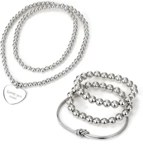 KISS WIFE Silver Beaded Bracelet Set of 4, Suitable for thin wrists Love Hanging Tag with Stretchable Elastic Rope Design, Lightweight Alloy Stackable Bead Ball Bracelet