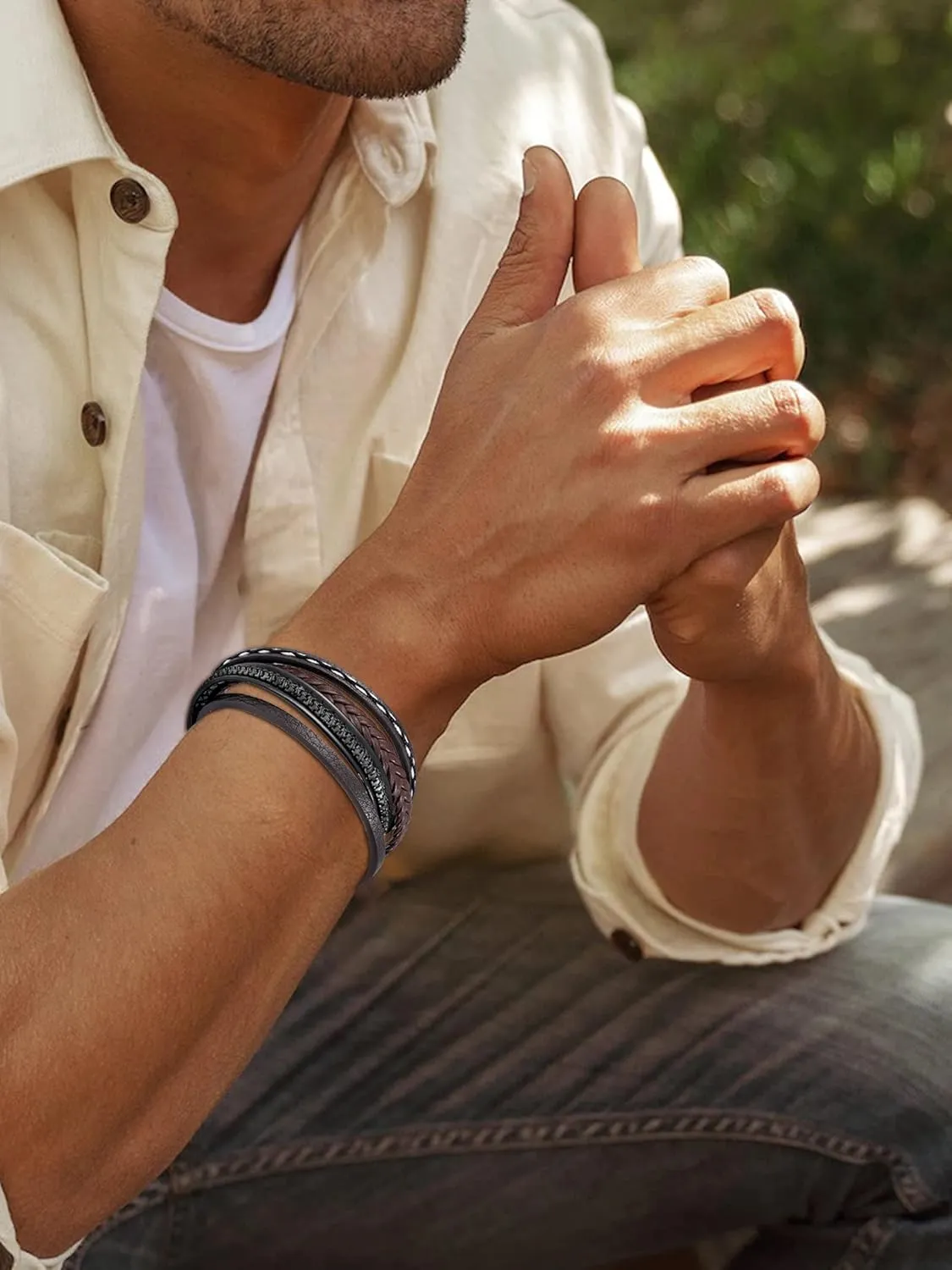 Long tiantian Mens Bracelet Bracelet Leather Cuff Bracelet Black Leather Wrap Bracelet Studded Boho Cuff Bracelets Handmade Splicing Bangle Bracelet Double Strand Leather Bracelet for Men
