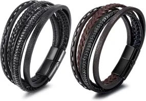 Long tiantian Mens Bracelet Bracelet Leather Cuff Bracelet Black Leather Wrap Bracelet Studded Boho Cuff Bracelets Handmade Splicing Bangle Bracelet Double Strand Leather Bracelet for Men