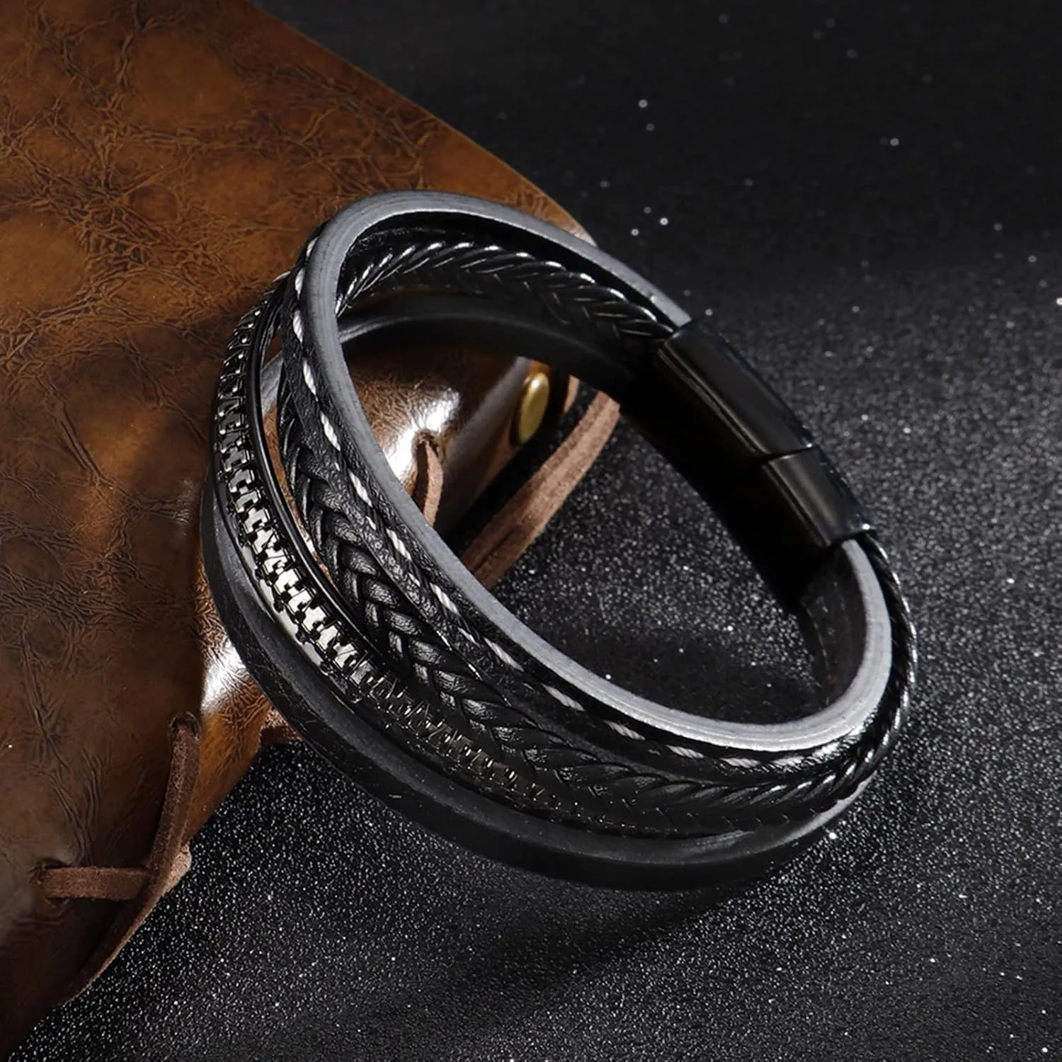 Long tiantian Mens Bracelet Bracelet Leather Cuff Bracelet Black Leather Wrap Bracelet Studded Boho Cuff Bracelets Handmade Splicing Bangle Bracelet Double Strand Leather Bracelet for Men