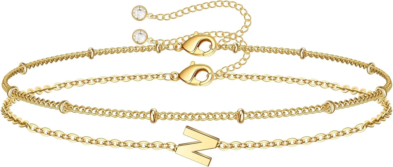 M MOOHAM Initial Bracelets for Women - Layered Letter Bracelet Initial A-Z Charm, Dainty Gold/Silver/Rose Gold Jewelry for Women Birthday Gifts Personalized Gold Jewelry Initial Bracelets