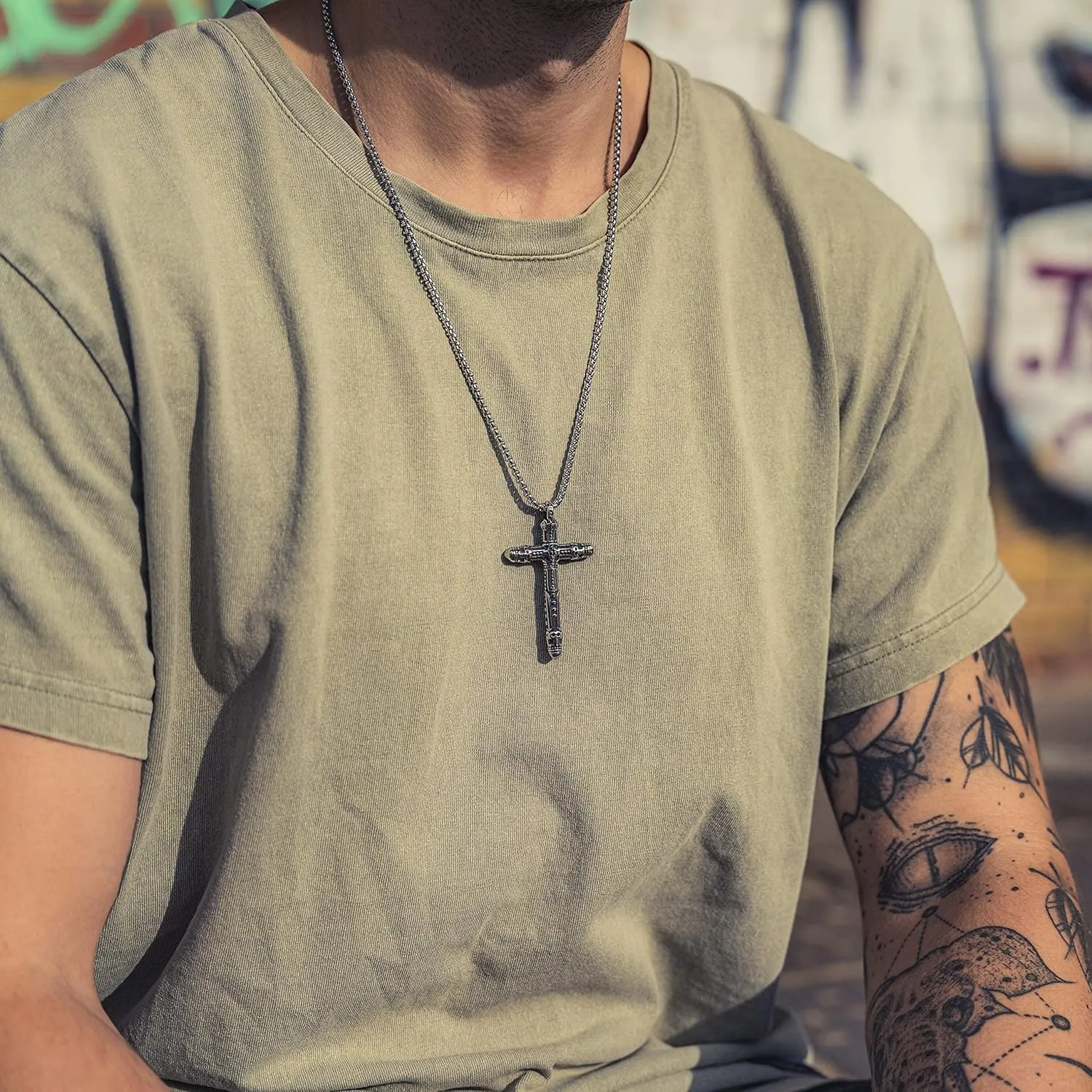 Made by Nami Pendant Necklace for Men 23" Gold & Silver Cuban Link Chain with Pendants for Men High-Quality Stainless Steel Necklace Premium Jewelry Gift for Him (Vikings Cross)