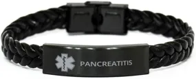 Medical Alert Braided Leather Bracelet, Pancreatitis Awareness, SOS Emergency Health Life Alert ID Engraved Stainless Steel Jewelry Silver Bracelet for Men Women Kis
