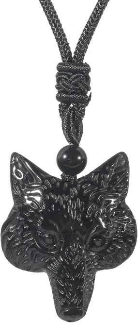 Natural Fox Head Crystal Stone Amulet Pendant Adjustable Rope Necklace Charm for Men Women