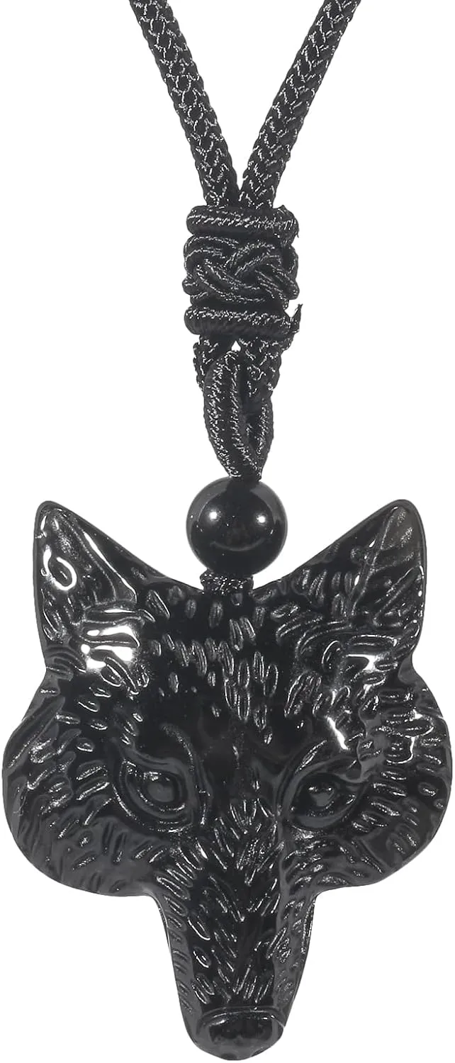 Natural Fox Head Crystal Stone Amulet Pendant Adjustable Rope Necklace Charm for Men Women