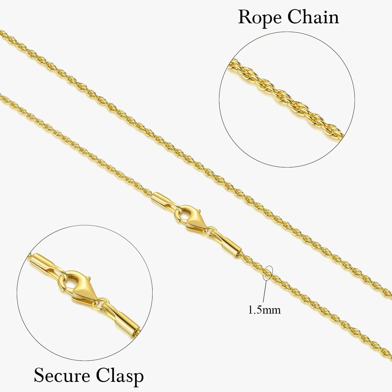 Necklaces 14k Gold Necklace for Women & Men 1.5mm Rope Chain for Women Dainty Gold Chain for Men Non-Tarnish Necklace Unisex Sizes 16-26 Inches