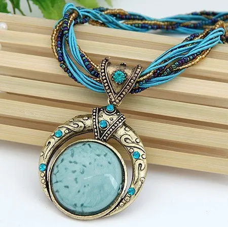 New Bohemian Necklace Jewelry Fashion Popular Retro Bohemia Style Multilayer Beads Chain Crystal Gem Grain Pendant Necklace